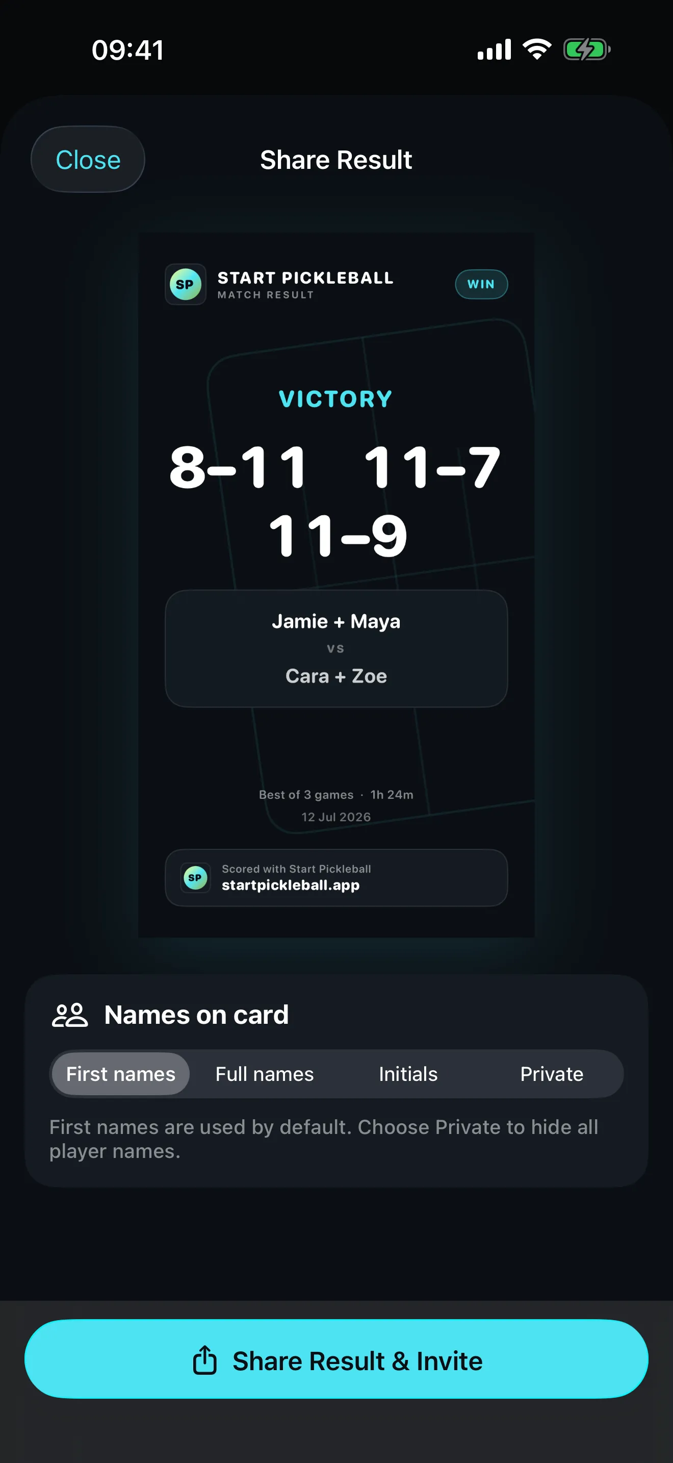 Start Pickleball share sheet showing a vertical match result card with the set scores and both pairs, above controls for whether first names, full names, initials or no names appear on the card.