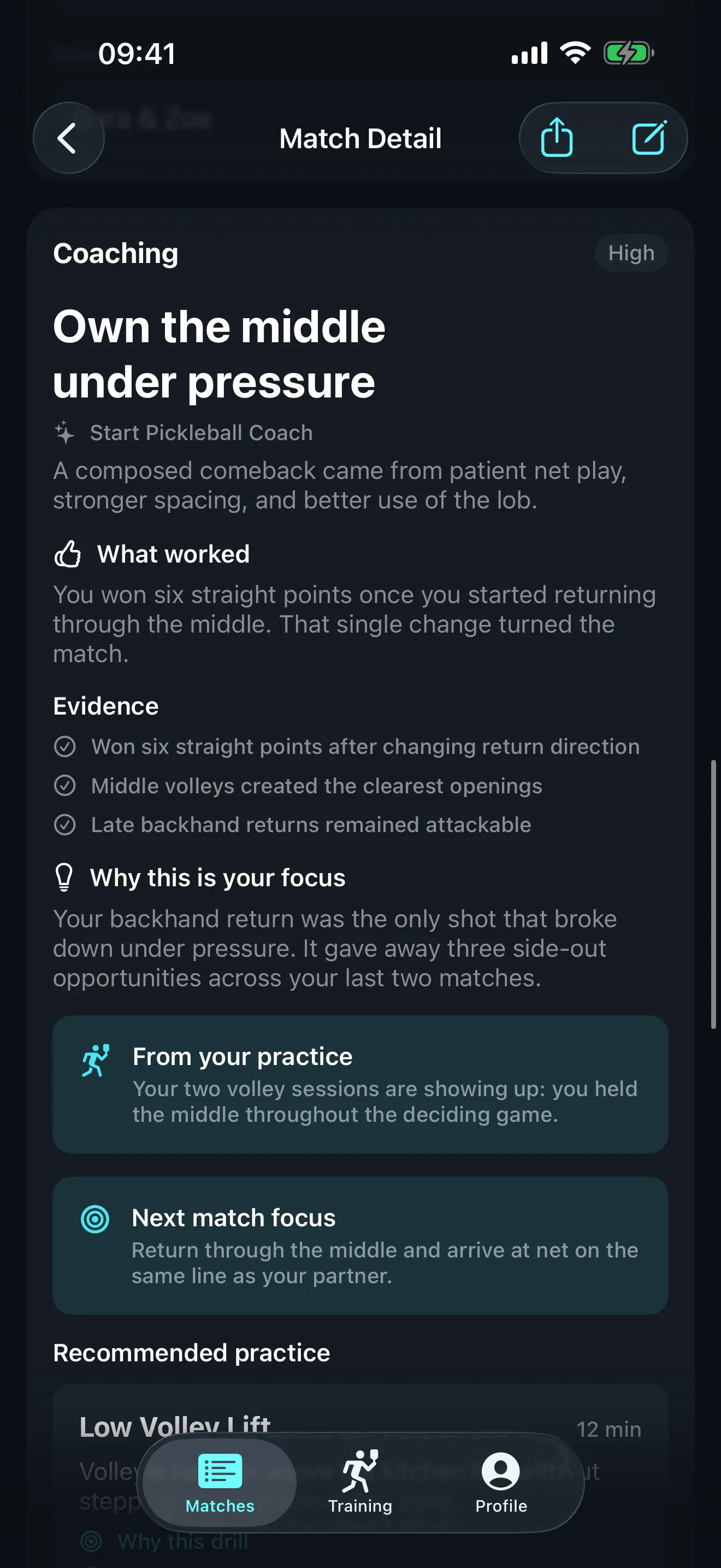 Start Pickleball coaching plan showing a match recap, evidence, a next-match focus and a recommended practice drill.