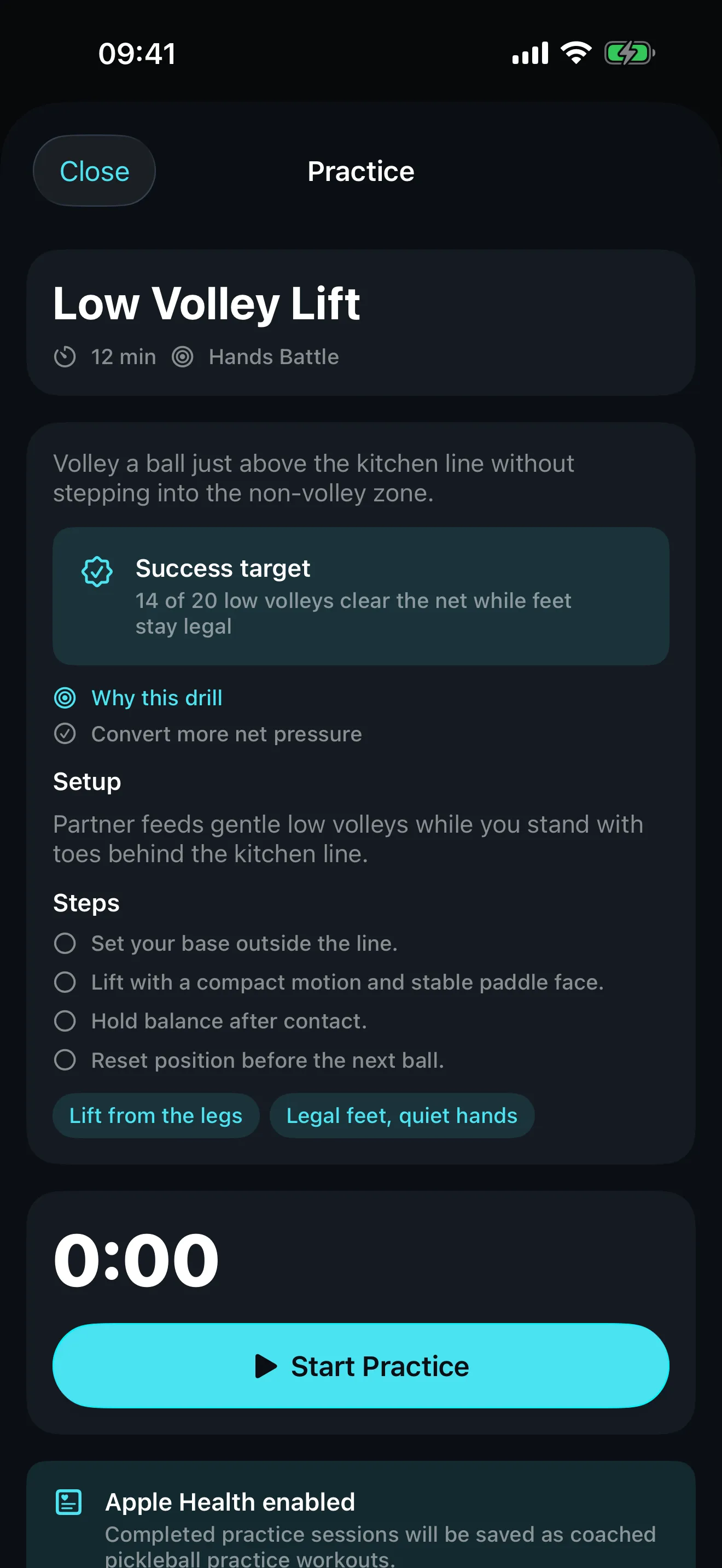 Start Pickleball practice screen for a "Low Volley Lift" drill showing a success target, setup, numbered steps, coaching cues and a practice timer.