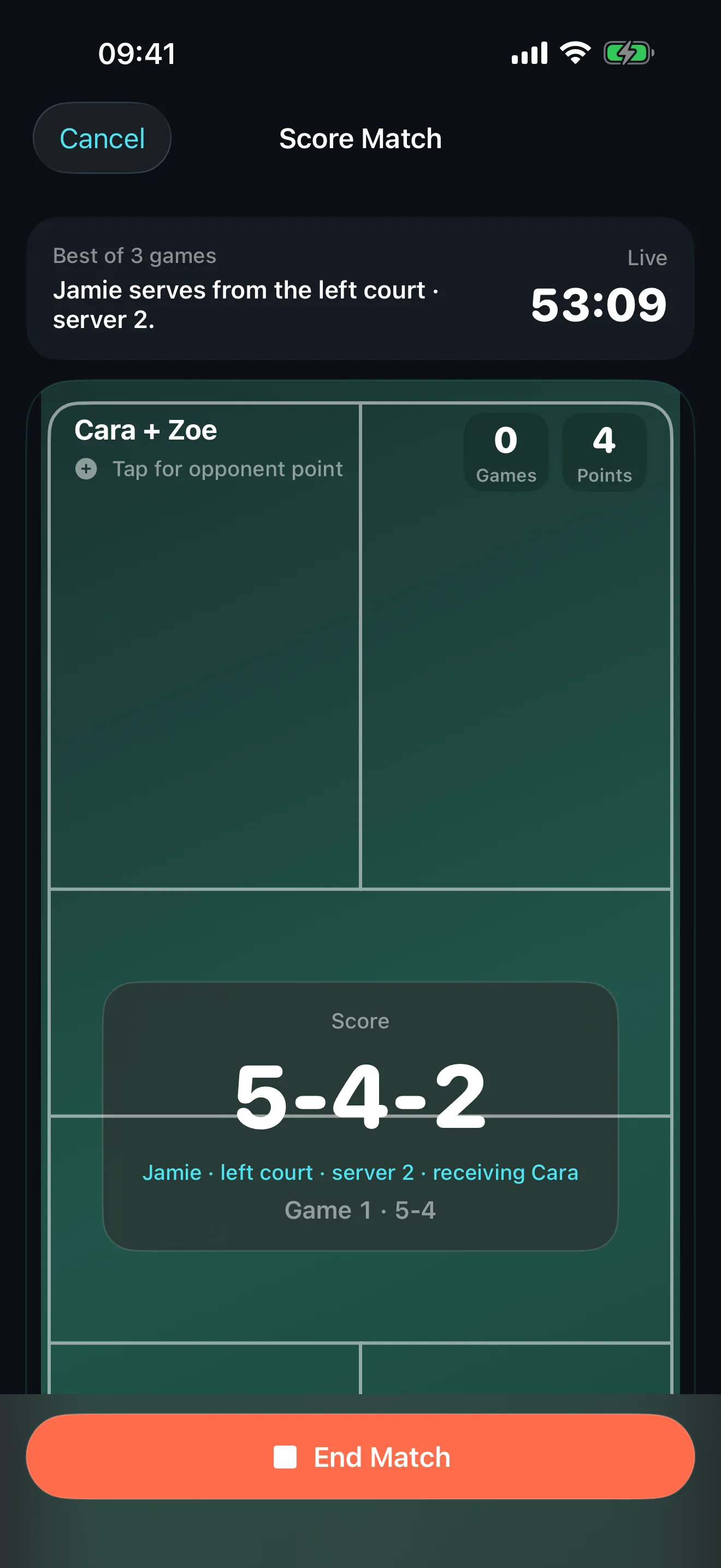 Start Pickleball live scoring screen showing the current score, service side and both teams on a pickleball court.