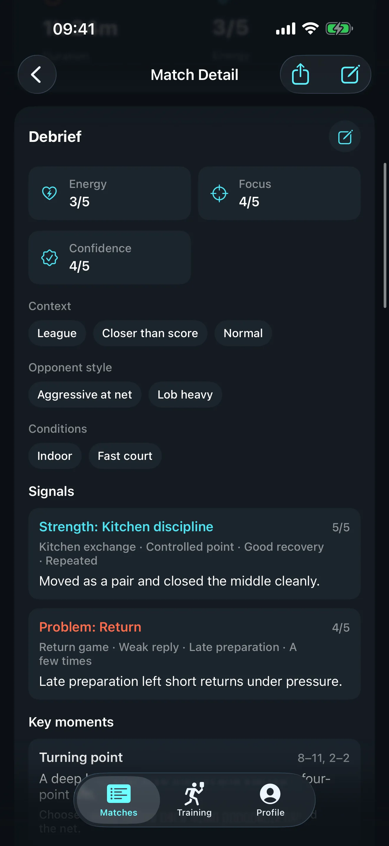 Start Pickleball debrief screen showing the match context, player ratings, strengths, areas to improve and key moments.