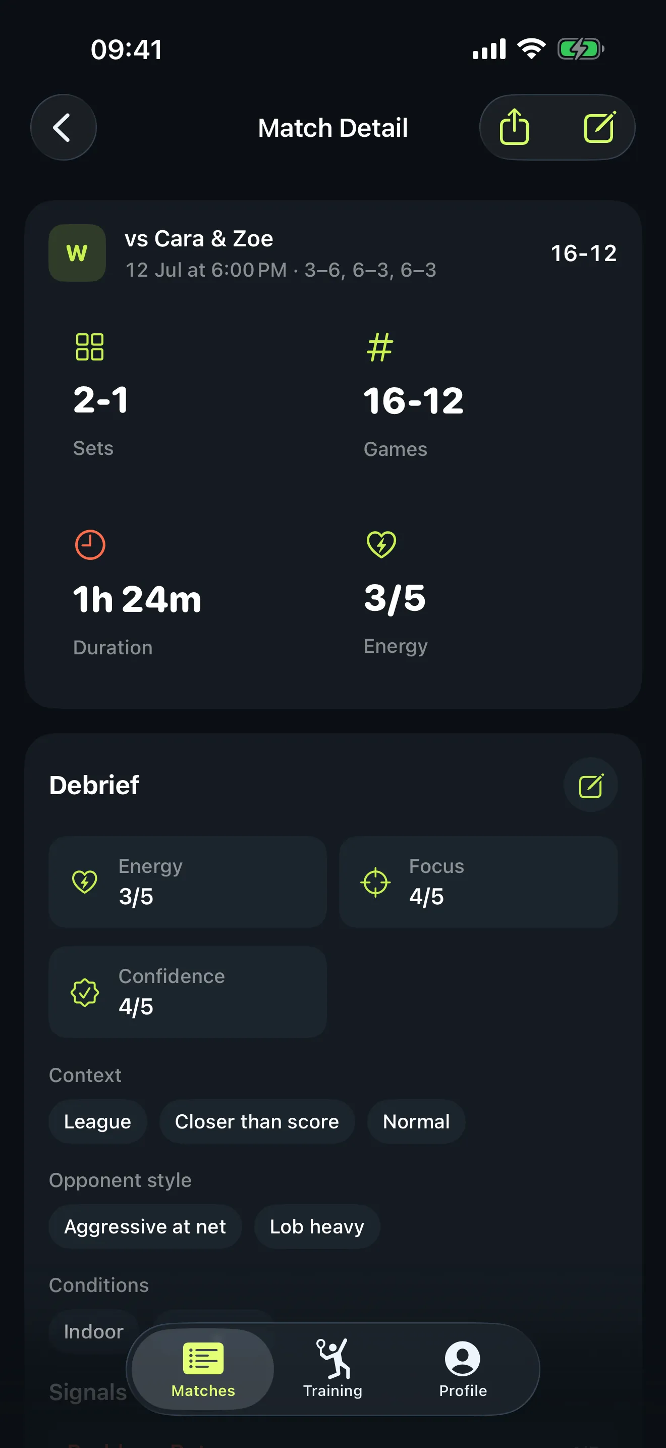 Start Pickleball match detail screen showing score, duration and energy for a completed match, with a debrief panel rating effort, focus, confidence and composure.