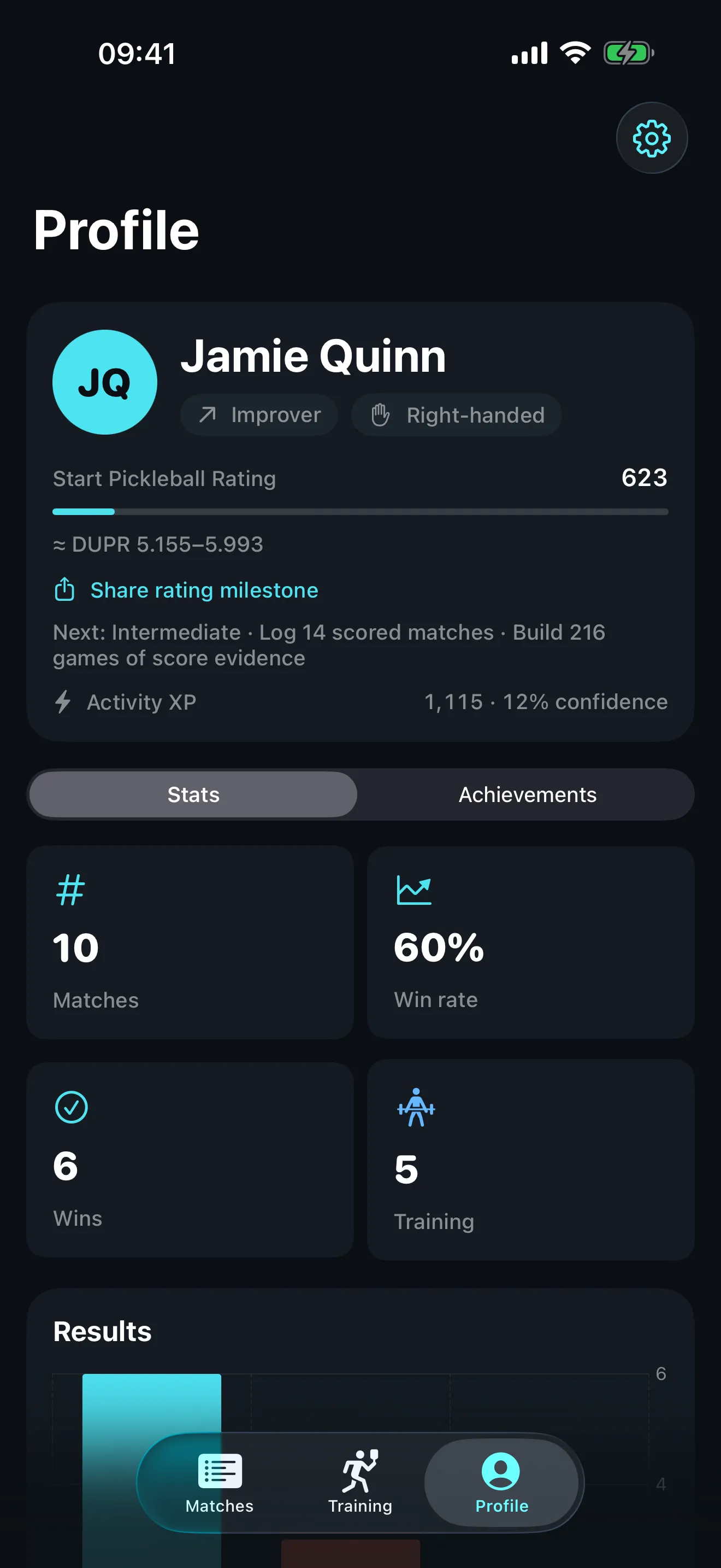 Start Pickleball profile screen showing a skill rating progress bar, activity XP, and stat tiles for matches, win rate, wins and training sessions.