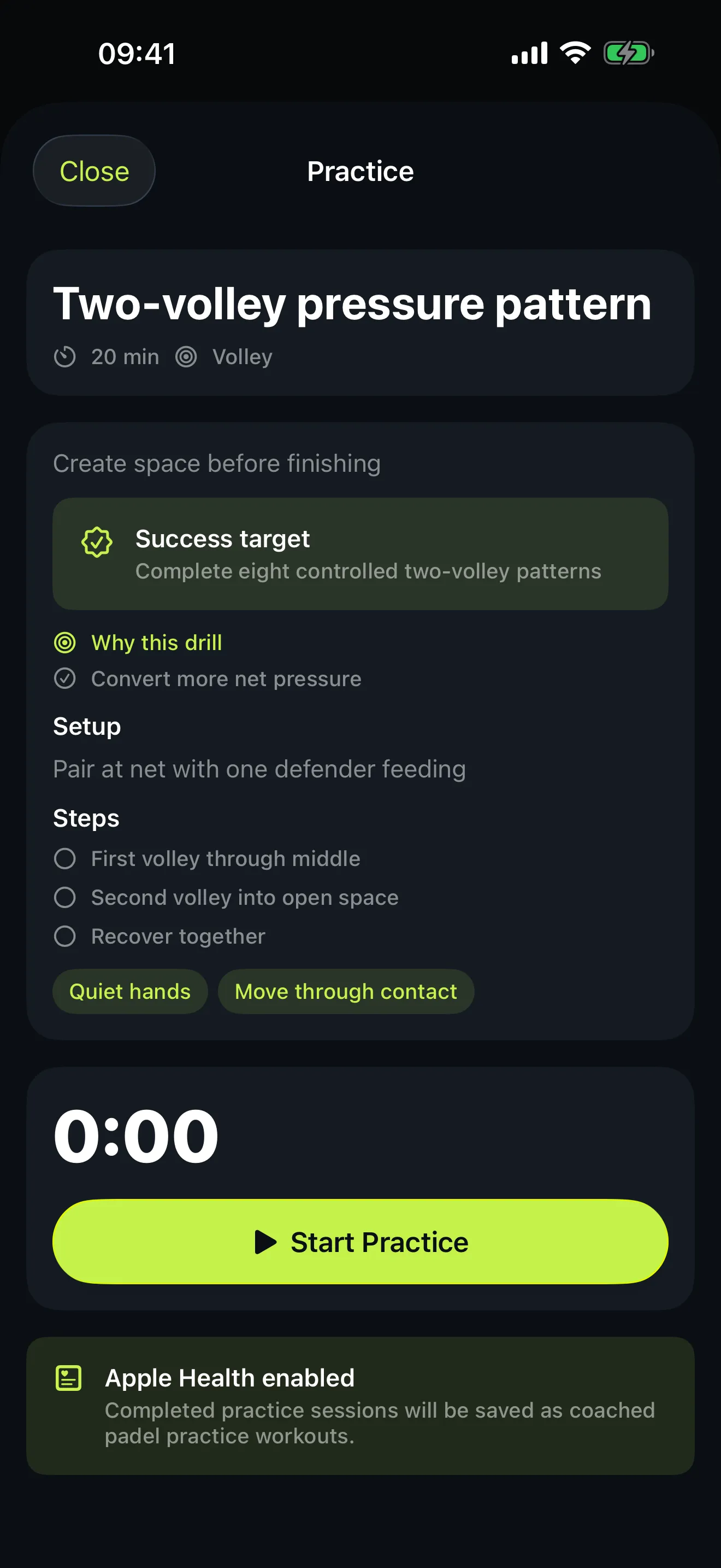 Start Pickleball practice screen for a "Two-volley pressure pattern" drill showing the success target, setup, numbered steps, coaching cues and a practice timer.