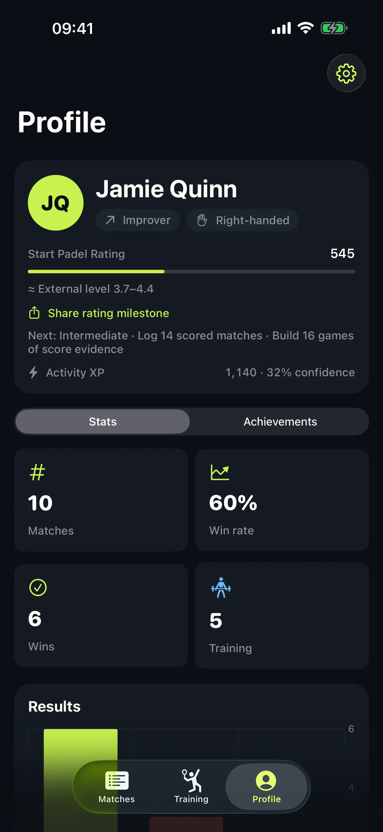 Start Pickleball profile screen showing a skill rating progress bar, activity XP, and stat tiles for matches, win rate, wins and training sessions.