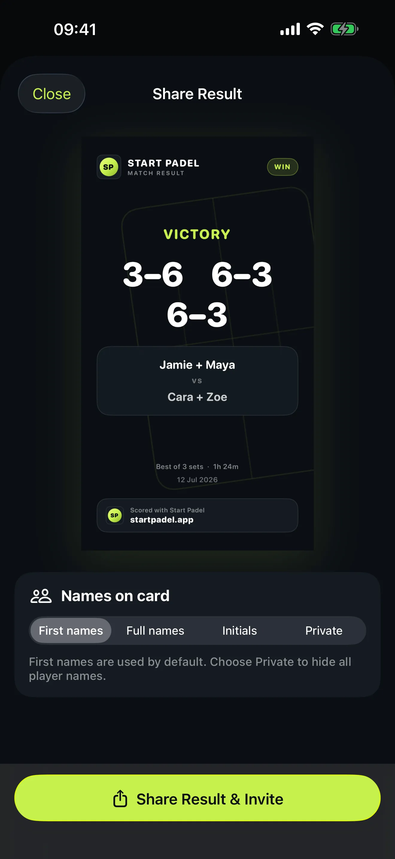 Start Pickleball share sheet showing a vertical match result card with the set scores and both pairs, above controls for whether first names, full names, initials or no names appear on the card.