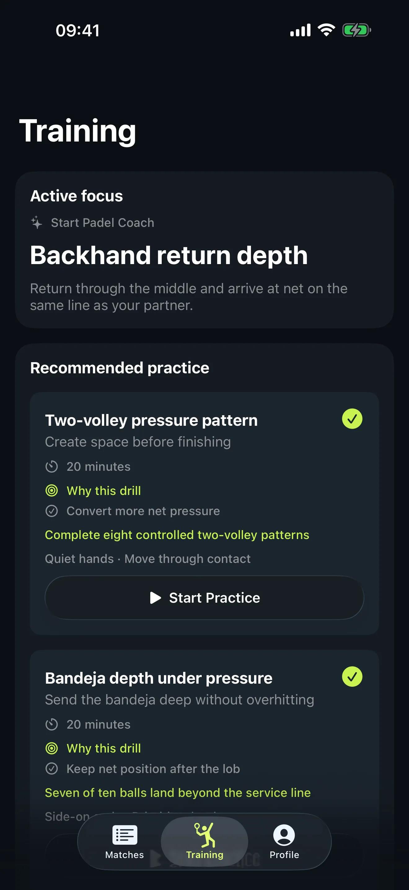 Start Pickleball training screen showing an active coaching focus of "Backhand return depth" with a recommended practice drill and a Start Practice button.
