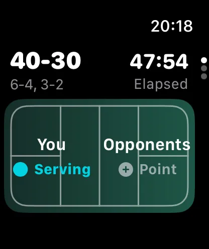 Start Pickleball on Apple Watch showing the current score, elapsed time and serving team.